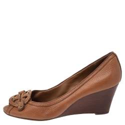 Pre Owned Tory Burch Brown Leather Julianne Peep Toe Wedge Pumps Size 38
