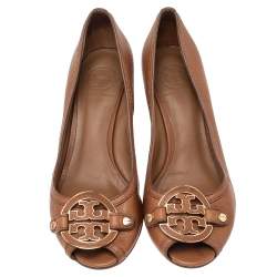 Pre Owned Tory Burch Brown Leather Julianne Peep Toe Wedge Pumps Size 38