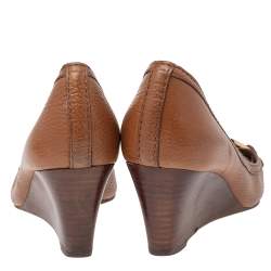 Pre Owned Tory Burch Brown Leather Julianne Peep Toe Wedge Pumps Size 38