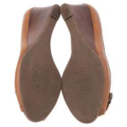 Pre Owned Tory Burch Brown Leather Julianne Peep Toe Wedge Pumps Size 38