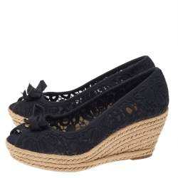 مملوكة مسبقًا حذاء كعب عالي توري برش إسبادريل دانتيل أسود بفيونكة وحواف كانفاس بنعل سميك وكعب روكي مقاس 39