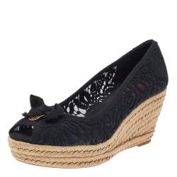 مملوكة مسبقًا حذاء كعب عالي توري برش إسبادريل دانتيل أسود بفيونكة وحواف كانفاس بنعل سميك وكعب روكي مقاس 39