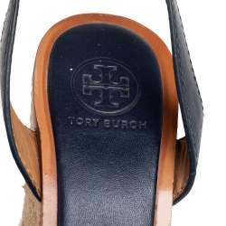 Pre Owned Tory Burch Navy Blue Laser Cut Leather Espadrille Platform Ankle Strap Sandals Size 37