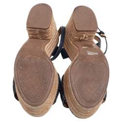 Pre Owned Tory Burch Navy Blue Laser Cut Leather Espadrille Platform Ankle Strap Sandals Size 37