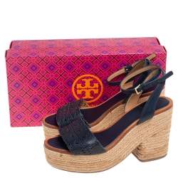 Pre Owned Tory Burch Navy Blue Laser Cut Leather Espadrille Platform Ankle Strap Sandals Size 37