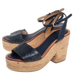 Pre Owned Tory Burch Navy Blue Laser Cut Leather Espadrille Platform Ankle Strap Sandals Size 37
