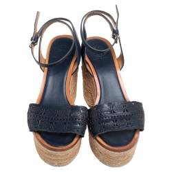 Pre Owned Tory Burch Navy Blue Laser Cut Leather Espadrille Platform Ankle Strap Sandals Size 37