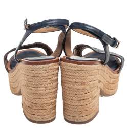 Pre Owned Tory Burch Navy Blue Laser Cut Leather Espadrille Platform Ankle Strap Sandals Size 37