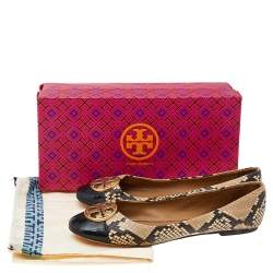 Pre Owned Tory Burch Beige/Brown Python Embossed Leather And Black Patent Leather Chelsea Ballet Flats Size 39.5
