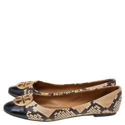Pre Owned Tory Burch Beige/Brown Python Embossed Leather And Black Patent Leather Chelsea Ballet Flats Size 39.5