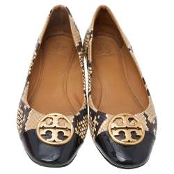 Pre Owned Tory Burch Beige/Brown Python Embossed Leather And Black Patent Leather Chelsea Ballet Flats Size 39.5