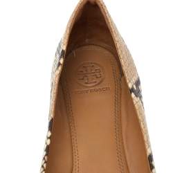 Pre Owned Tory Burch Beige/Brown Python Embossed Leather And Black Patent Leather Chelsea Ballet Flats Size 39.5