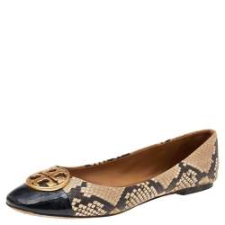 Pre Owned Tory Burch Beige/Brown Python Embossed Leather And Black Patent Leather Chelsea Ballet Flats Size 39.5