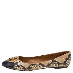 Pre Owned Tory Burch Beige/Brown Python Embossed Leather And Black Patent Leather Chelsea Ballet Flats Size 39.5