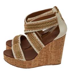 مملوكة مسبقًا Tory Burch Off White Leather And Jute Chain Link Wedge Platform Sandals Size 39.5