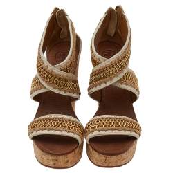 مملوكة مسبقًا Tory Burch Off White Leather And Jute Chain Link Wedge Platform Sandals Size 39.5