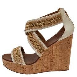 مملوكة مسبقًا Tory Burch Off White Leather And Jute Chain Link Wedge Platform Sandals Size 39.5