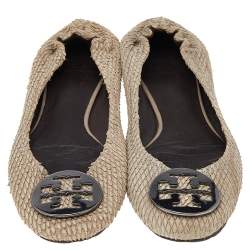 حذاء باليرينا فلات توري برش ميني جلد نقشة الثعبان بيج مجعد مقاس 38.5