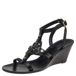مملوكة مسبقًا Tory Burch Black Leather Miller Logo Wedge Ankle Strap Sandals Size 38.5