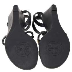 مملوكة مسبقًا Tory Burch Black Leather Miller Logo Wedge Ankle Strap Sandals Size 38.5