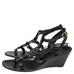مملوكة مسبقًا Tory Burch Black Leather Miller Logo Wedge Ankle Strap Sandals Size 38.5