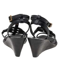 مملوكة مسبقًا Tory Burch Black Leather Miller Logo Wedge Ankle Strap Sandals Size 38.5