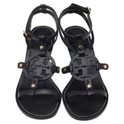 مملوكة مسبقًا Tory Burch Black Leather Miller Logo Wedge Ankle Strap Sandals Size 38.5