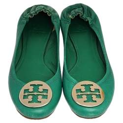 Pre Owned Tory Burch Green Leather Reva Scrunch Ballet Flats Size 38.5