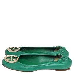Pre Owned Tory Burch Green Leather Reva Scrunch Ballet Flats Size 38.5