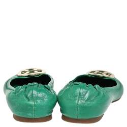 Pre Owned Tory Burch Green Leather Reva Scrunch Ballet Flats Size 38.5