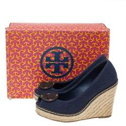 Pre Owned Tory Burch Blue Canvas Peep Toe Wedge Espadrille Platform Pumps Size 36.5