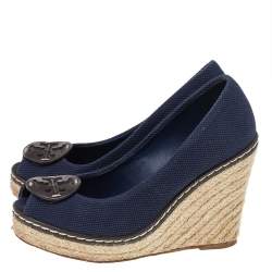 Pre Owned Tory Burch Blue Canvas Peep Toe Wedge Espadrille Platform Pumps Size 36.5