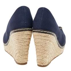 Pre Owned Tory Burch Blue Canvas Peep Toe Wedge Espadrille Platform Pumps Size 36.5