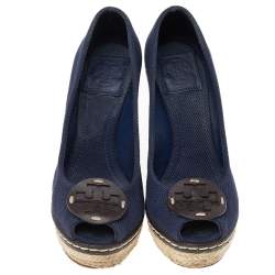 Pre Owned Tory Burch Blue Canvas Peep Toe Wedge Espadrille Platform Pumps Size 36.5
