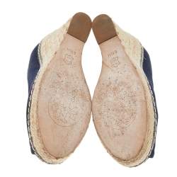 Pre Owned Tory Burch Blue Canvas Peep Toe Wedge Espadrille Platform Pumps Size 36.5