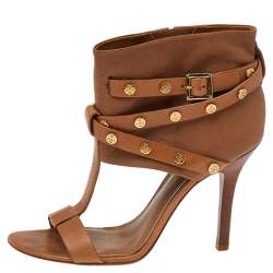 Pre Owned Tory Burch Brown Leather Honey T Graham T-Strap Booties Size 38
