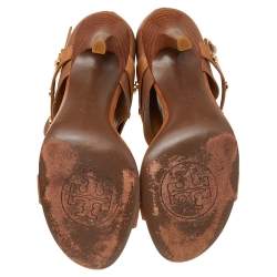 Pre Owned Tory Burch Brown Leather Honey T Graham T-Strap Booties Size 38