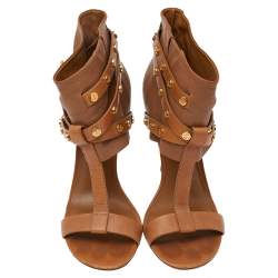 Pre Owned Tory Burch Brown Leather Honey T Graham T-Strap Booties Size 38