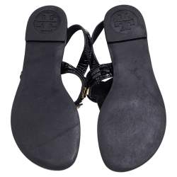 Pre Owned Tory Burch Black Patent Leather T Strap Flat Sandals Size 37.5