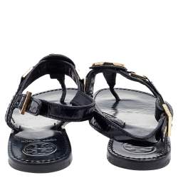 Pre Owned Tory Burch Black Patent Leather T Strap Flat Sandals Size 37.5