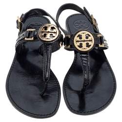 Pre Owned Tory Burch Black Patent Leather T Strap Flat Sandals Size 37.5