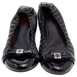 Pre Owned Tory Burch Black Leather And Patent Leather Cap Toe Ballet Flats Size 38