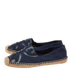 Pre Owned Tory Burch Blue/Black Canvas And Patent Leather Espadrille Flats Size 40.5
