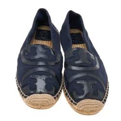 Pre Owned Tory Burch Blue/Black Canvas And Patent Leather Espadrille Flats Size 40.5
