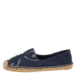 Pre Owned Tory Burch Blue/Black Canvas And Patent Leather Espadrille Flats Size 40.5