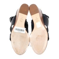 مملوكة مسبقًا Tory Burch Navy Blue Leather Miller Logo Wedge Ankle Strap Sandals Size 39