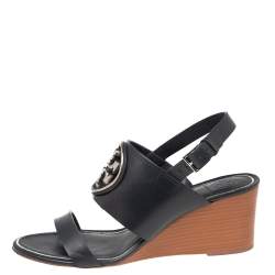 مملوكة مسبقًا Tory Burch Navy Blue Leather Miller Logo Wedge Ankle Strap Sandals Size 39
