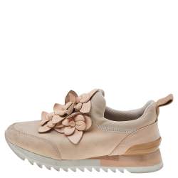 Pre Owned Tory Burch Pink Neoprene and Leather Blossom Floral Applique Slip On Sneakers Size 37