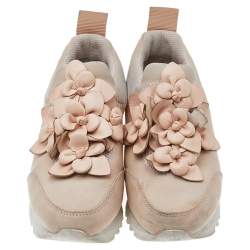 Pre Owned Tory Burch Pink Neoprene and Leather Blossom Floral Applique Slip On Sneakers Size 37