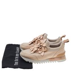 Pre Owned Tory Burch Pink Neoprene and Leather Blossom Floral Applique Slip On Sneakers Size 37